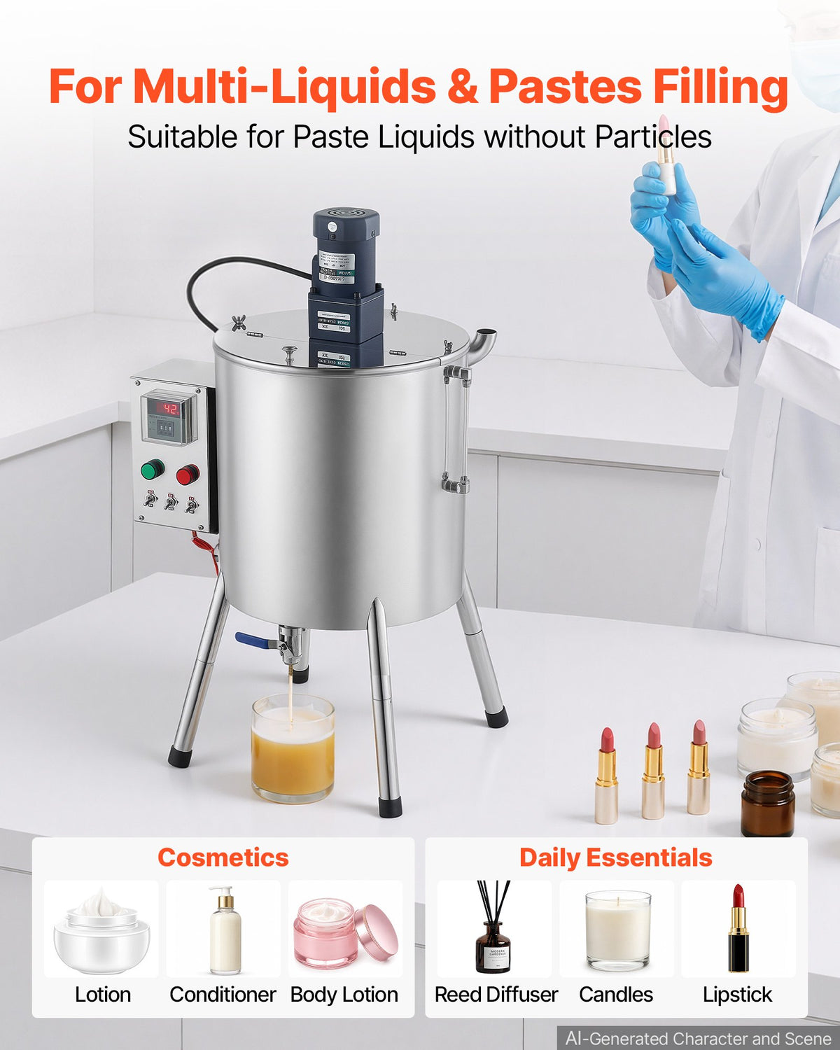 VEVOR Liquid Filling Machine, 30 L Hopper, Heating & Mixing Bottle Filler, for Candle Wax, Lipstick Paste, Lipstick, Stainless Steel Tank, Temperature Control, T-Shaped Mixing Blade, Stable Legs