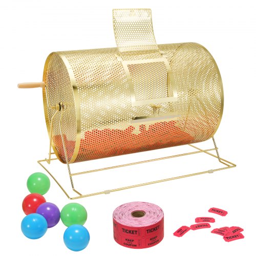 VEVOR Raffle Drum, 14.8 x Ø21.26 inch Brass Plated Raffle Ticket Spinning Cage, Holds 10000 Tickets or 300 Ping Pong Balls, Metal Lottery Spinning Drawing with Wooden Turning Handle, for Bingo Ballot