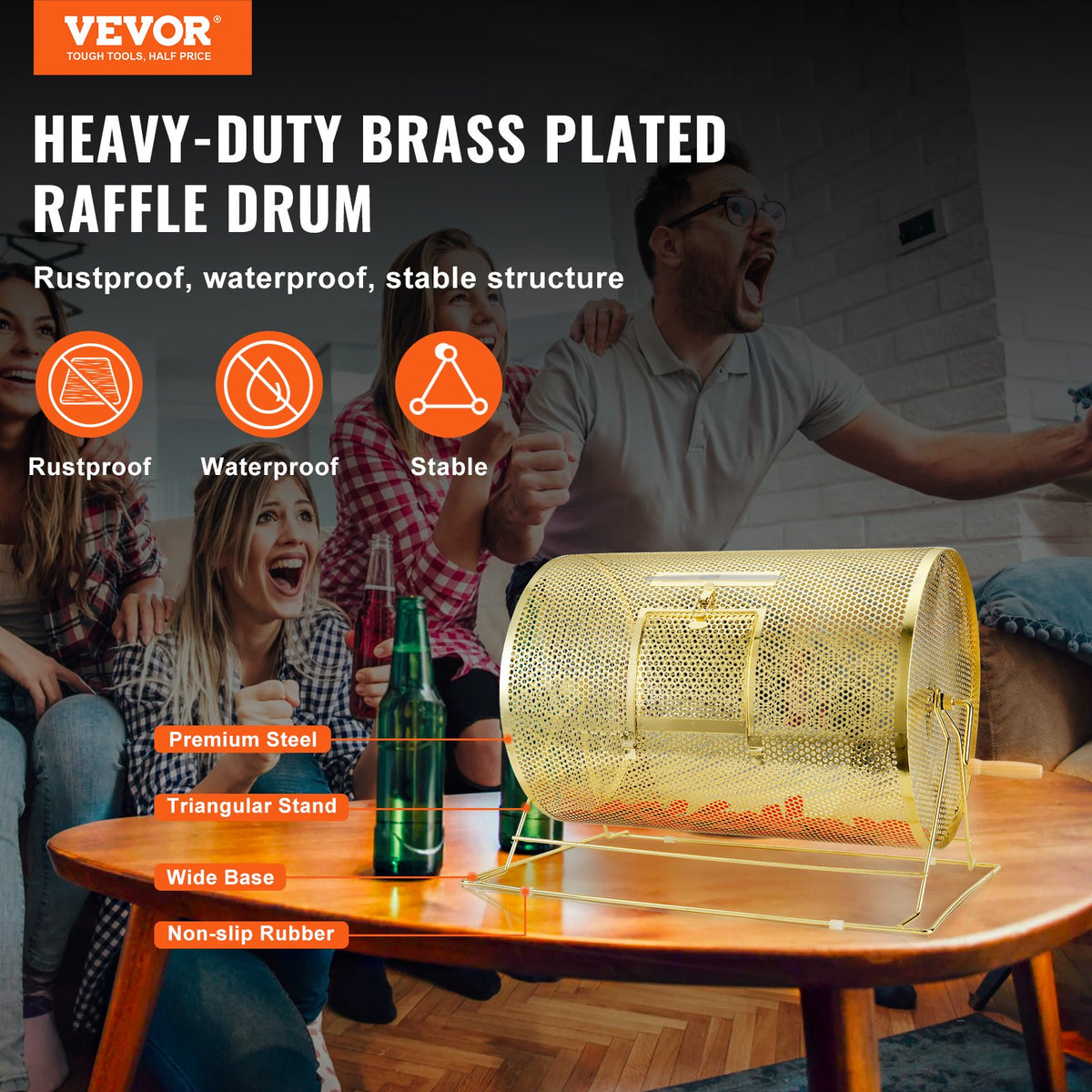 VEVOR Raffle Drum, 14.8 x Ø21.26 inch Brass Plated Raffle Ticket Spinning Cage, Holds 10000 Tickets or 300 Ping Pong Balls, Metal Lottery Spinning Drawing with Wooden Turning Handle, for Bingo Ballot