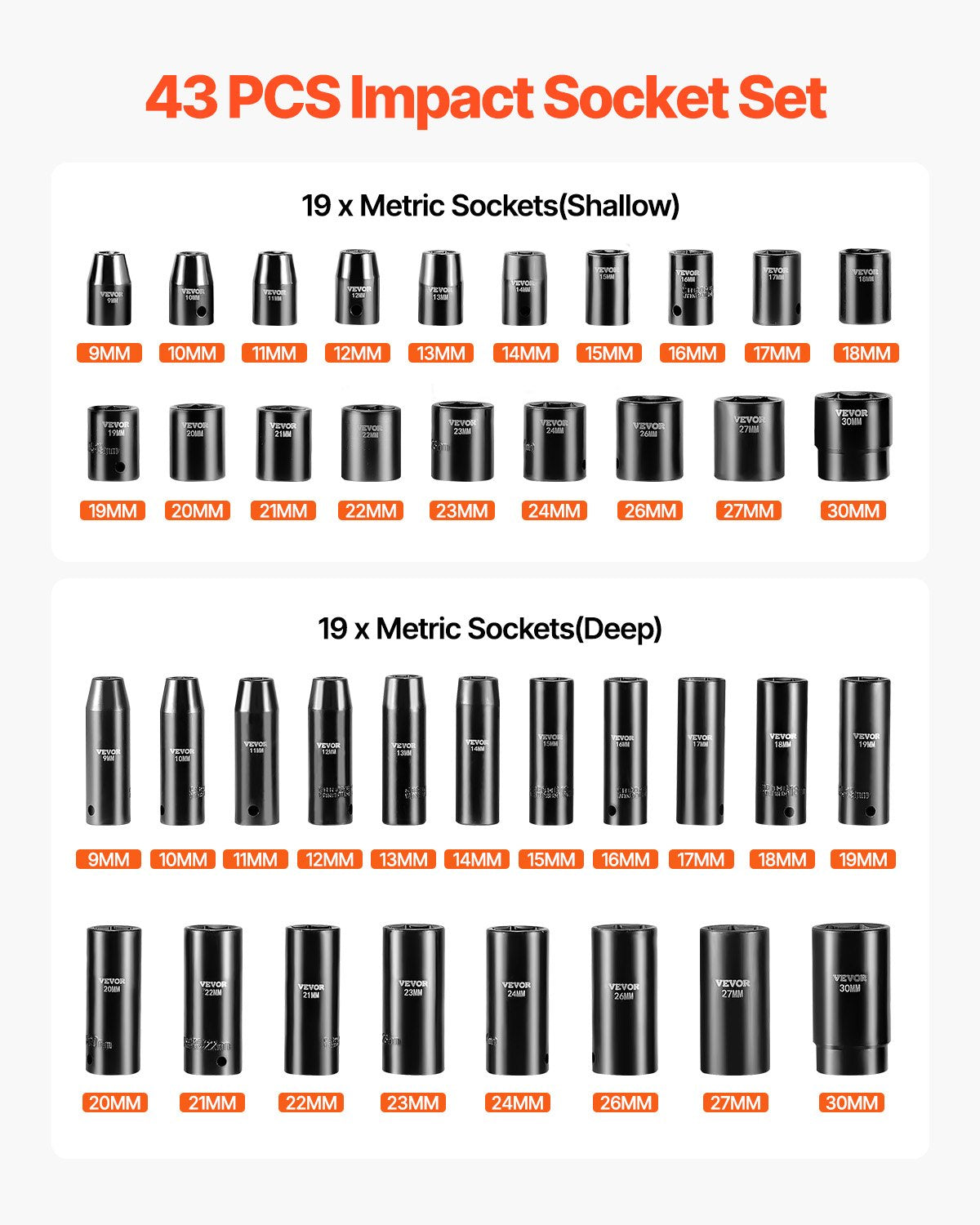 VEVOR Impact Socket Set 1/2 Inches 43 Piece Impact Sockets, Standard Socket Assortment, 1/2 Inches Drive Socket Set 6-Point Sockets Metric 9-30mm (Standard/Deep)