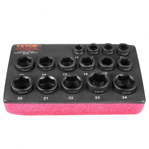 VEVOR 3/8" Drive Impact Socket Set, 15 Piece Ultra-Short Socket Set Metric 10-24mm, 6 Point Cr-Mo Alloy Steel for Auto Repair, Easy-to-Read Size Markings, Rugged Construction, Socket Organizer