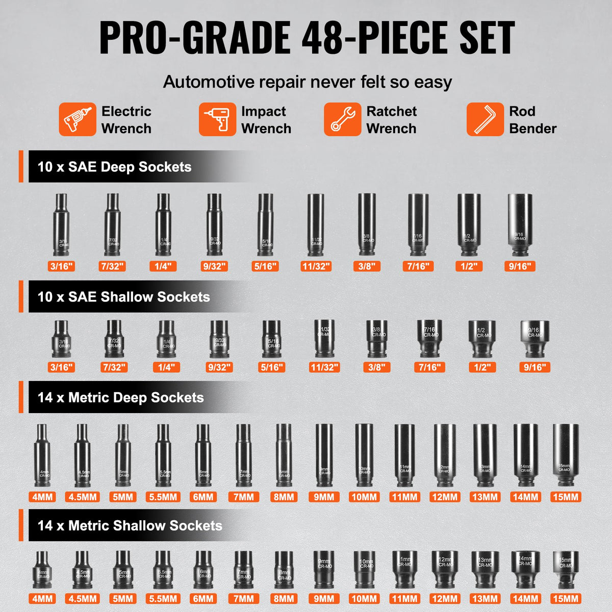 VEVOR 1/4" Drive Impact Socket Set, 48 Piece Deep & Shallow Socket Set SAE 3/16"-9/16" and Metric 4-15mm, 6 Point Cr-Mo Alloy Steel for Auto Repair, Easy-to-Read Size Markings, Storage Case