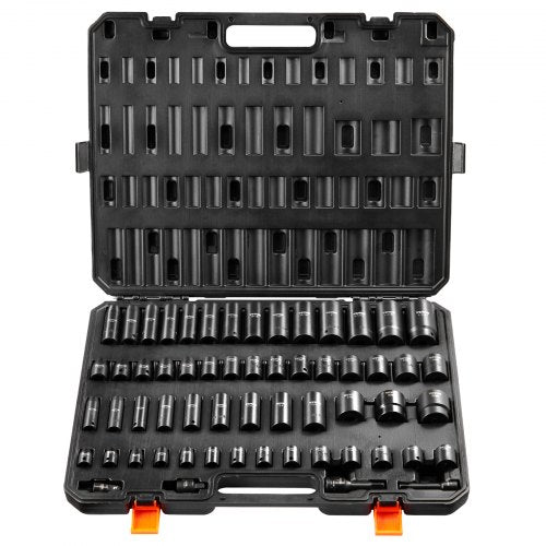 VEVOR 3/8" & 1/2" Drive Impact Socket Set, 59PCS Socket Set SAE 5/16" to 1-1/4" and Metric 6-32mm, 6 Point Cr-Mo Alloy Steel for Auto Repair, Easy-to-Read Markings, Rugged Construction, Storage Case