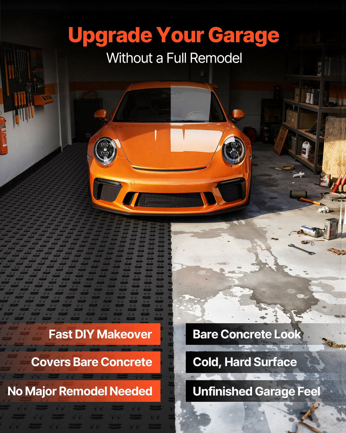 VEVOR Garage Tiles Interlocking, 12 x 12 x 0.53 inch 50 Pack Garage Floor Covering Tiles, Non-Slip Double-Sided Texture Garage Flooring Tiles, for Garages, Basements, Repair Shops, Black