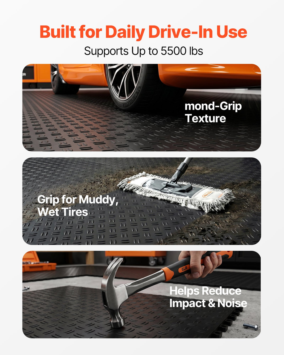 VEVOR Garage Tiles Interlocking, 12 x 12 x 0.53 inch 50 Pack Garage Floor Covering Tiles, Non-Slip Double-Sided Texture Garage Flooring Tiles, for Garages, Basements, Repair Shops, Black