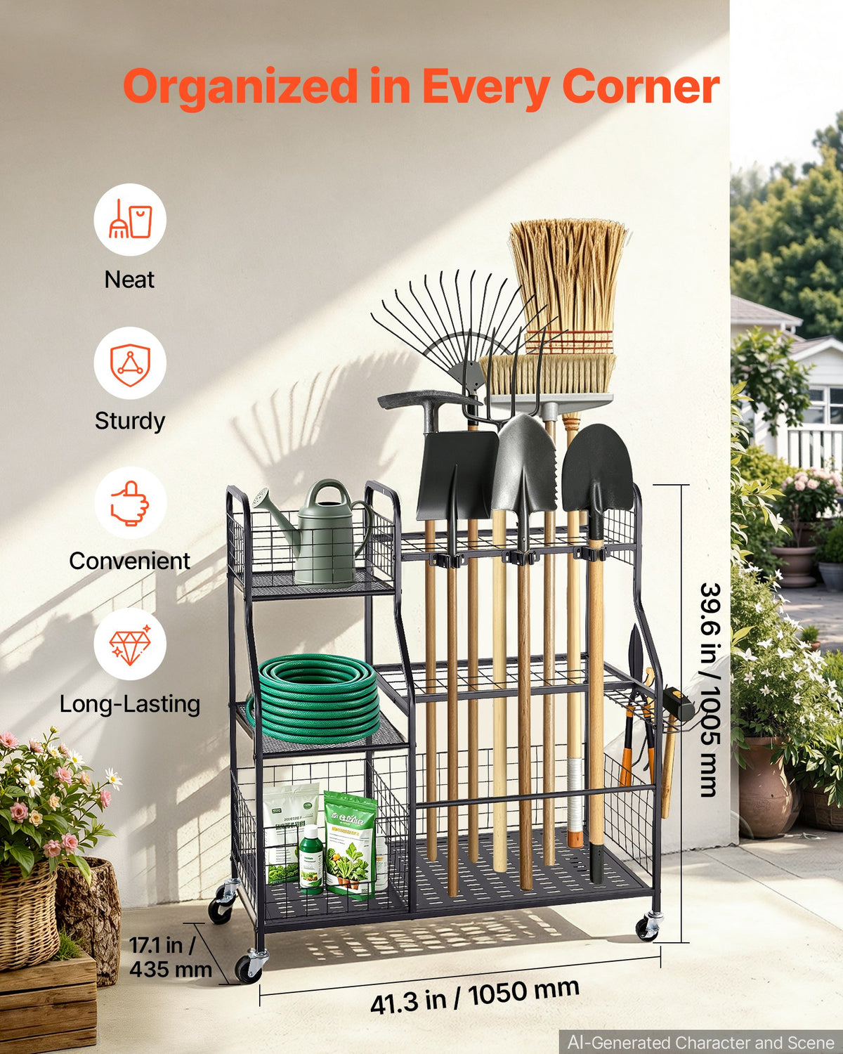 VEVOR Garden Tool Organizer with Wheels, Large Metal Garage Storage Rack, for Rakes/Shovels/Brooms, Yard Utility Tool Holder for Shed/Outdoor/Lawn Organization, Heavy-Duty Steel, with Hooks, Black
