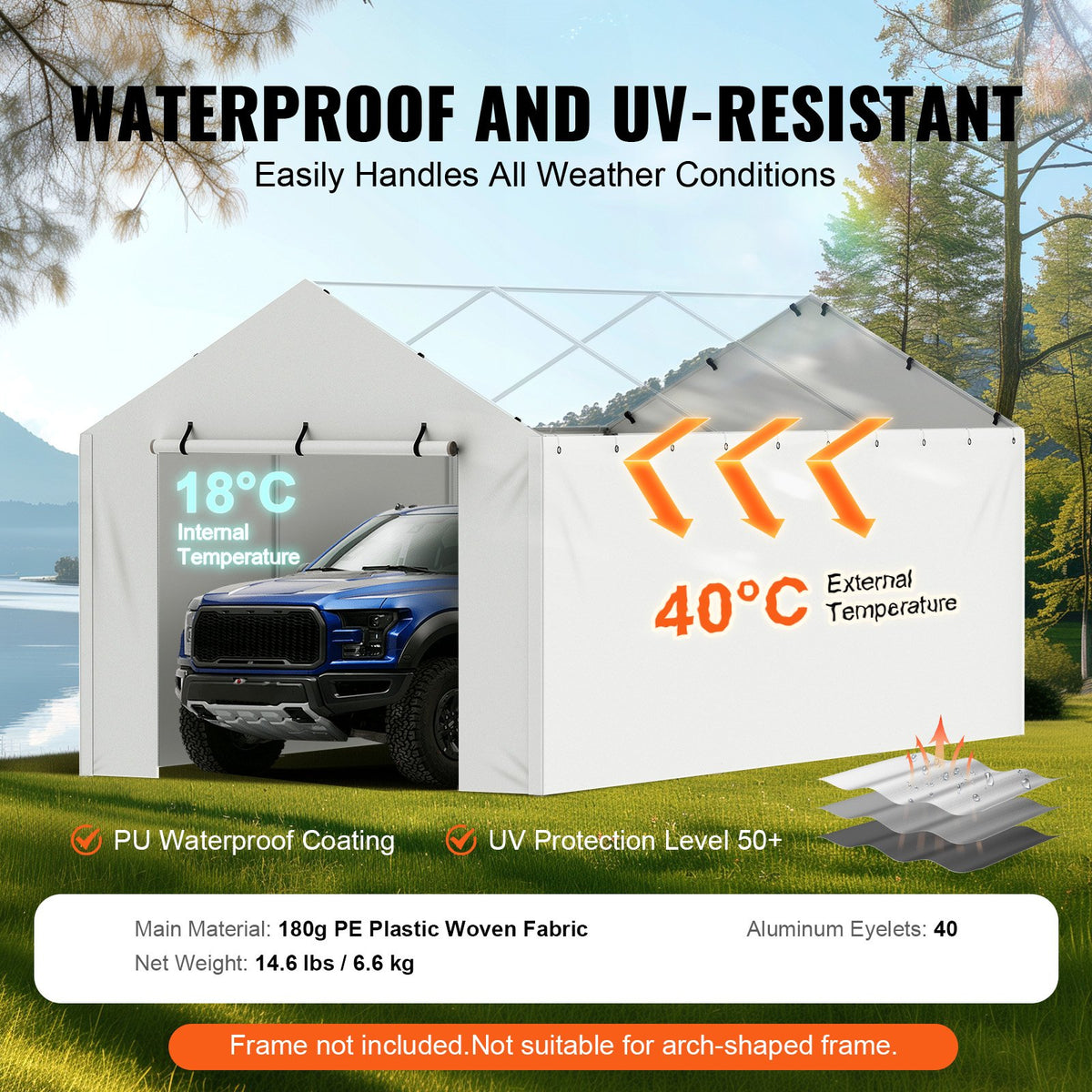 VEVOR Carport Replacement Canopy Cover Side Wall 10 x 20 ft, Garage Tent Shelter Tarp Heavy-Duty Waterproof & UV Protected, Easy Installation with Ball Bungees,White (Top and Frame Not Included)