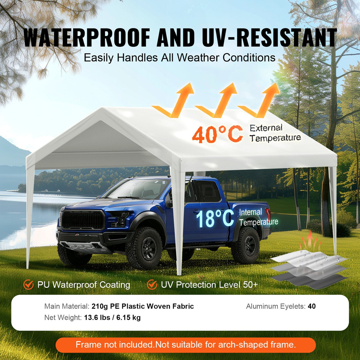 VEVOR Carport Replacement Canopy Cover 6100 x 3040 mm, Garage Top Tent Shelter Tarp Heavy-Duty Waterproof & UV Protected, Easy Installation with Ball Bungees,White (Only Top Cover, Frame Not Include)