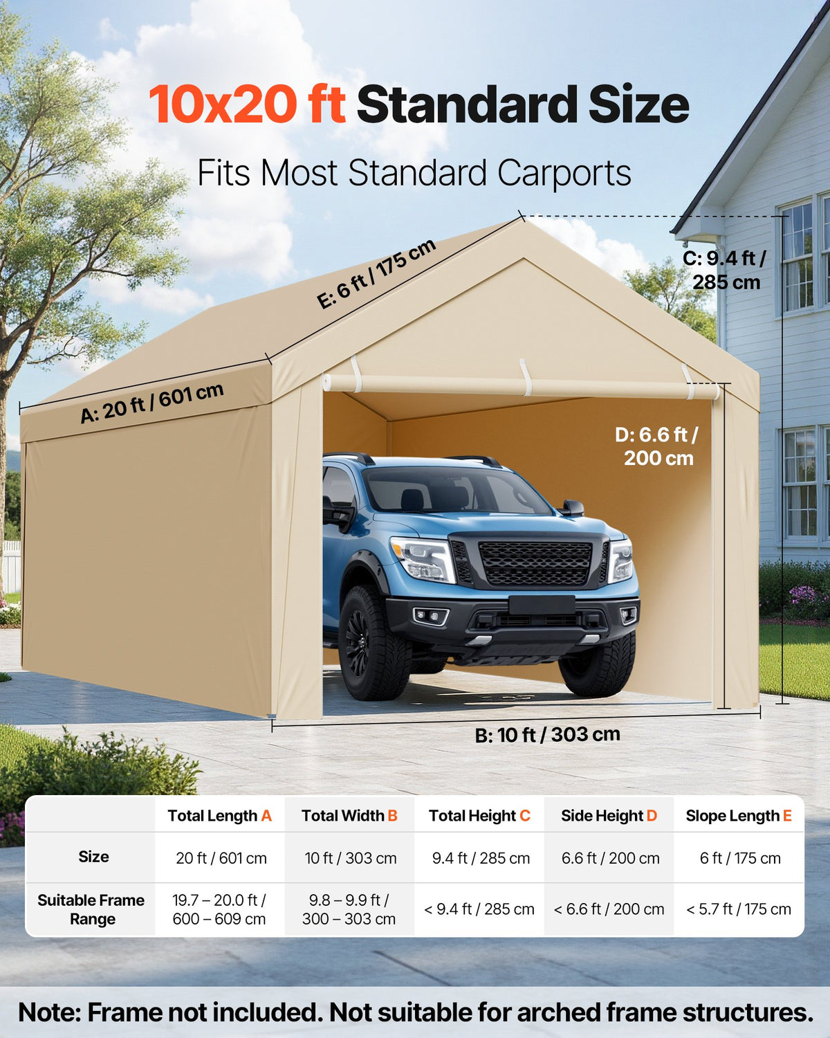 VEVOR Carport Replacement Canopy, 3 x 6 m Potable Garage Tent Top Tarp with Sidewalls, UV-Resistant & Waterproof, Heavy Duty Car Shelter Tarp with Ball Buggees, Beige, Frame Not Included