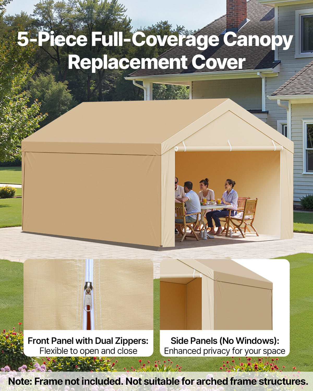 VEVOR Carport Replacement Canopy, 3 x 6 m Potable Garage Tent Top Tarp with Sidewalls, UV-Resistant & Waterproof, Heavy Duty Car Shelter Tarp with Ball Buggees, Beige, Frame Not Included