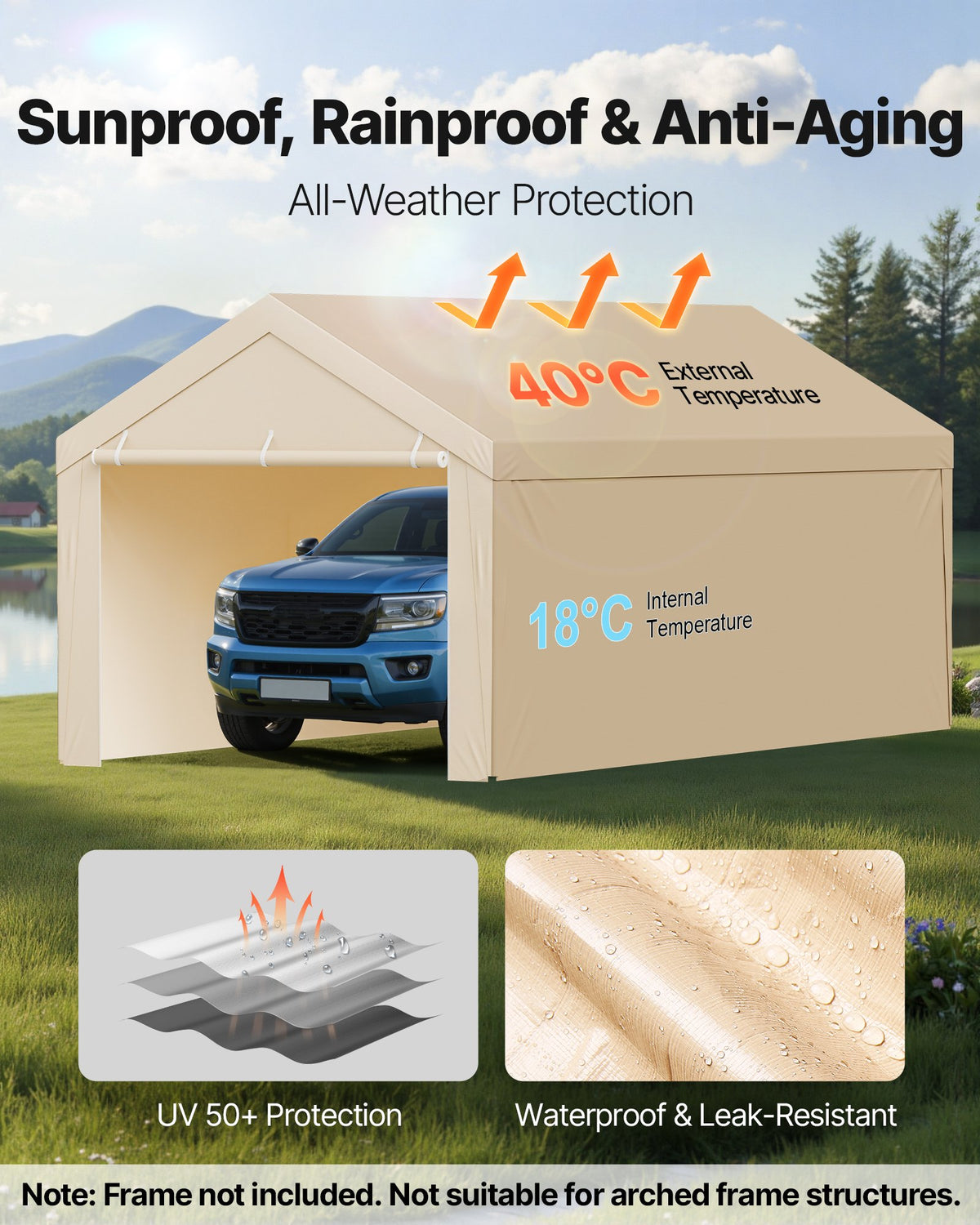VEVOR Carport Replacement Canopy, 3 x 6 m Potable Garage Tent Top Tarp with Sidewalls, UV-Resistant & Waterproof, Heavy Duty Car Shelter Tarp with Ball Buggees, Beige, Frame Not Included