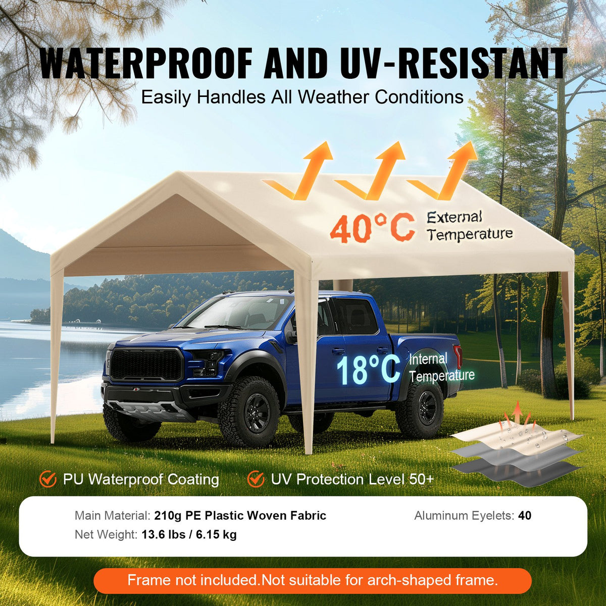 VEVOR Carport Replacement Canopy Cover 10 x 20 ft, Garage Top Tent Shelter Tarp Heavy-Duty Waterproof & UV Protected, Easy Installation with Ball Bungees,Beige (Only Top Cover, Frame Not Include)