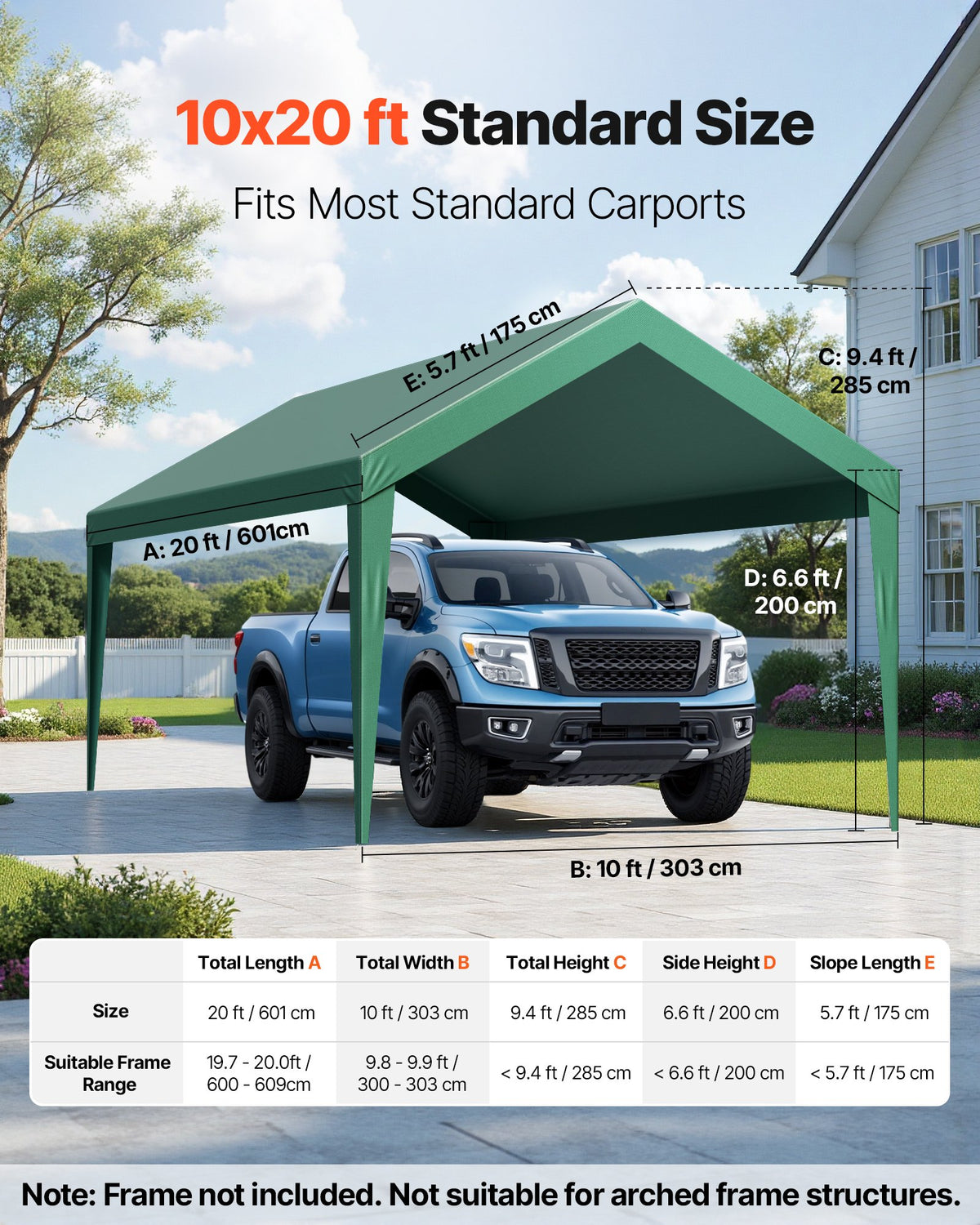 VEVOR Carport Replacement Canopy, 3 x 6 m Potable Garage Tent Top Tarp, UV-Resistant & Waterproof Car Shelter Tarp, Heavy Duty Car Port Cover with Ball Buggees, Dark Green, Frame Not Included