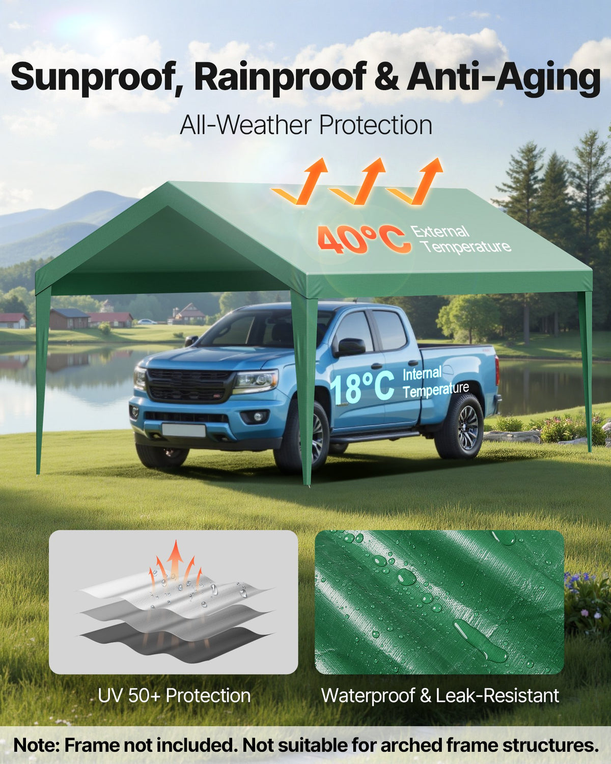 VEVOR Carport Replacement Canopy, 3 x 6 m Potable Garage Tent Top Tarp, UV-Resistant & Waterproof Car Shelter Tarp, Heavy Duty Car Port Cover with Ball Buggees, Dark Green, Frame Not Included