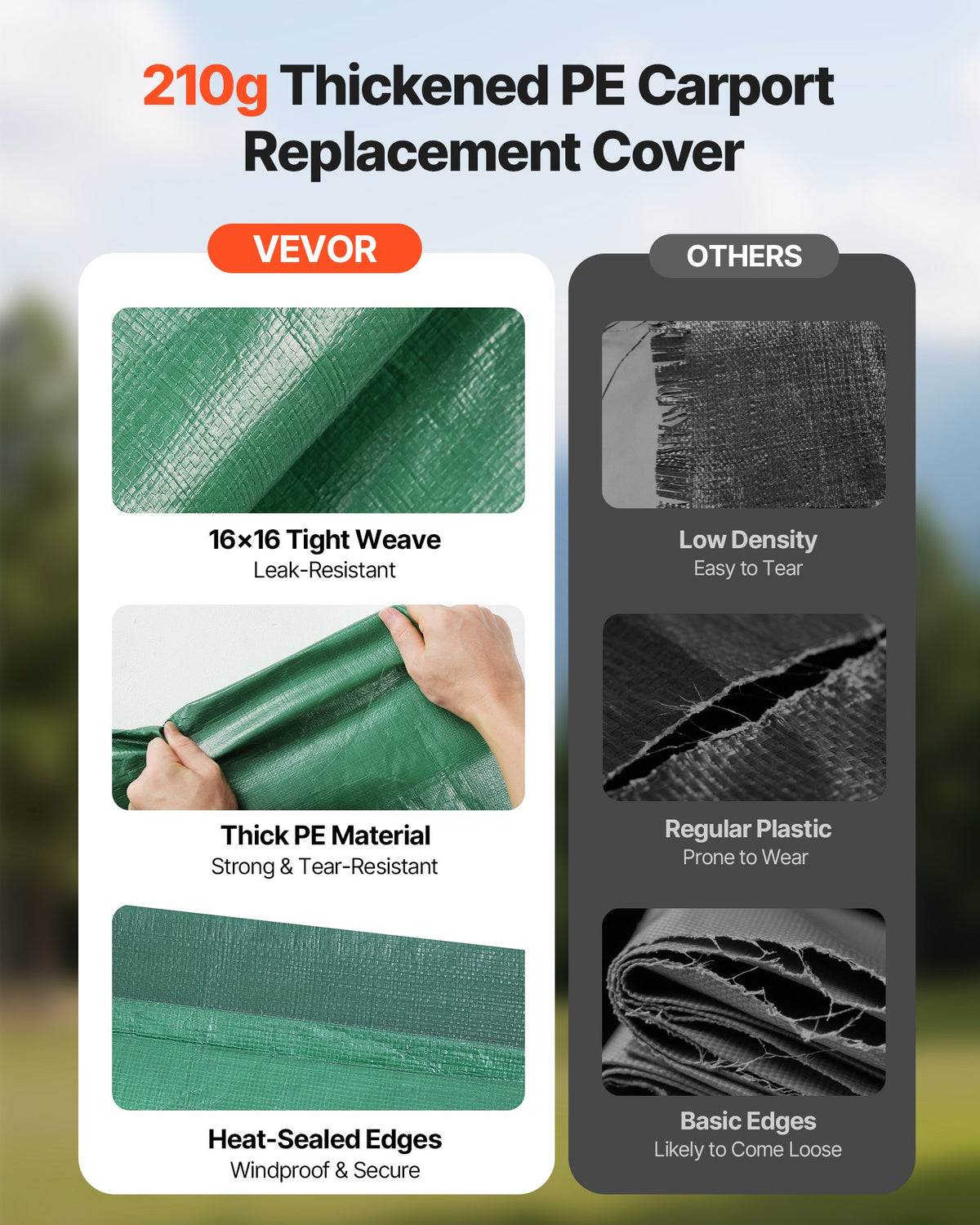 VEVOR Carport Replacement Canopy, 3 x 6 m Potable Garage Tent Top Tarp, UV-Resistant & Waterproof Car Shelter Tarp, Heavy Duty Car Port Cover with Ball Buggees, Dark Green, Frame Not Included