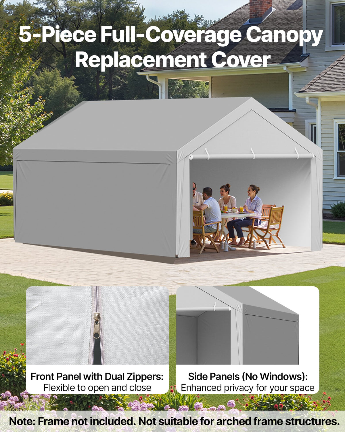 VEVOR Carport Replacement Canopy, 3.6x 6 m Potable Garage Tent Top Tarp with Sidewalls, UV-Resistant & Waterproof, Heavy Duty Car Shelter Tarp with Ball Buggees, Grey, Frame Not Included