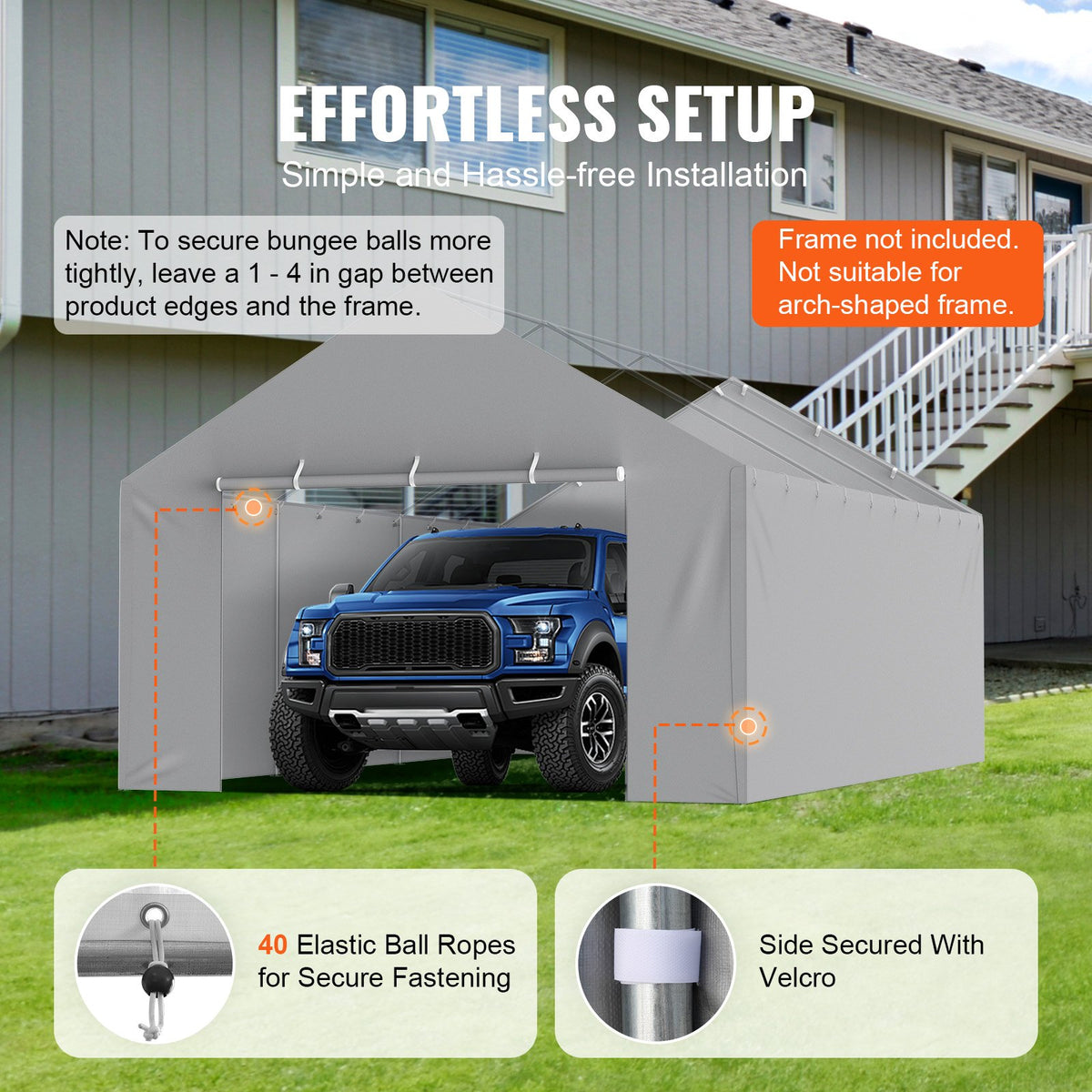 VEVOR Carport Replacement Canopy Cover Side Wall 13 x 20 ft, Garage Tent Shelter Tarp Heavy-Duty Waterproof & UV Protected, Easy Installation with Ball Bungees,Grey (Top and Frame Not Included)