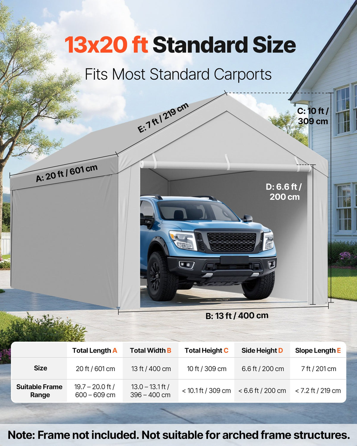 VEVOR Carport Replacement Canopy, 6 x 4 m Potable Garage Tent Top Tarp with Sidewalls, UV-Resistant & Waterproof, Heavy Duty Car Shelter Tarp with Ball Buggees, Grey, Frame Not Included