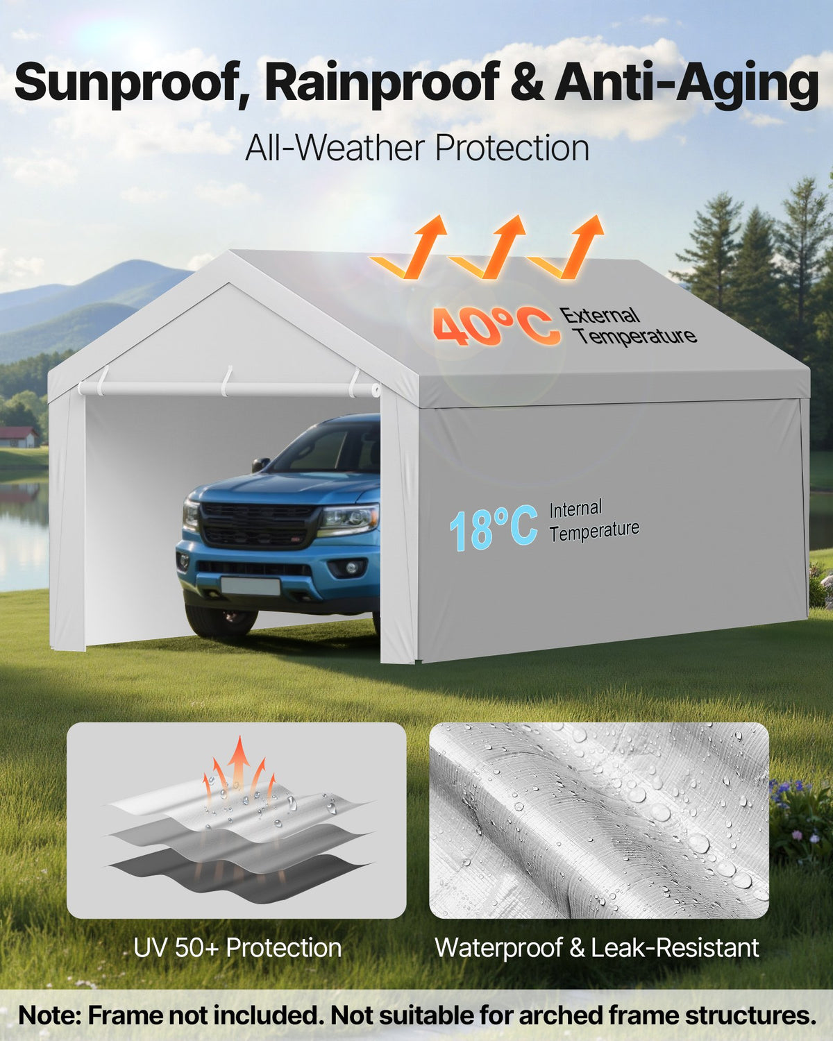 VEVOR Carport Replacement Canopy, 6 x 4 m Potable Garage Tent Top Tarp with Sidewalls, UV-Resistant & Waterproof, Heavy Duty Car Shelter Tarp with Ball Buggees, Grey, Frame Not Included