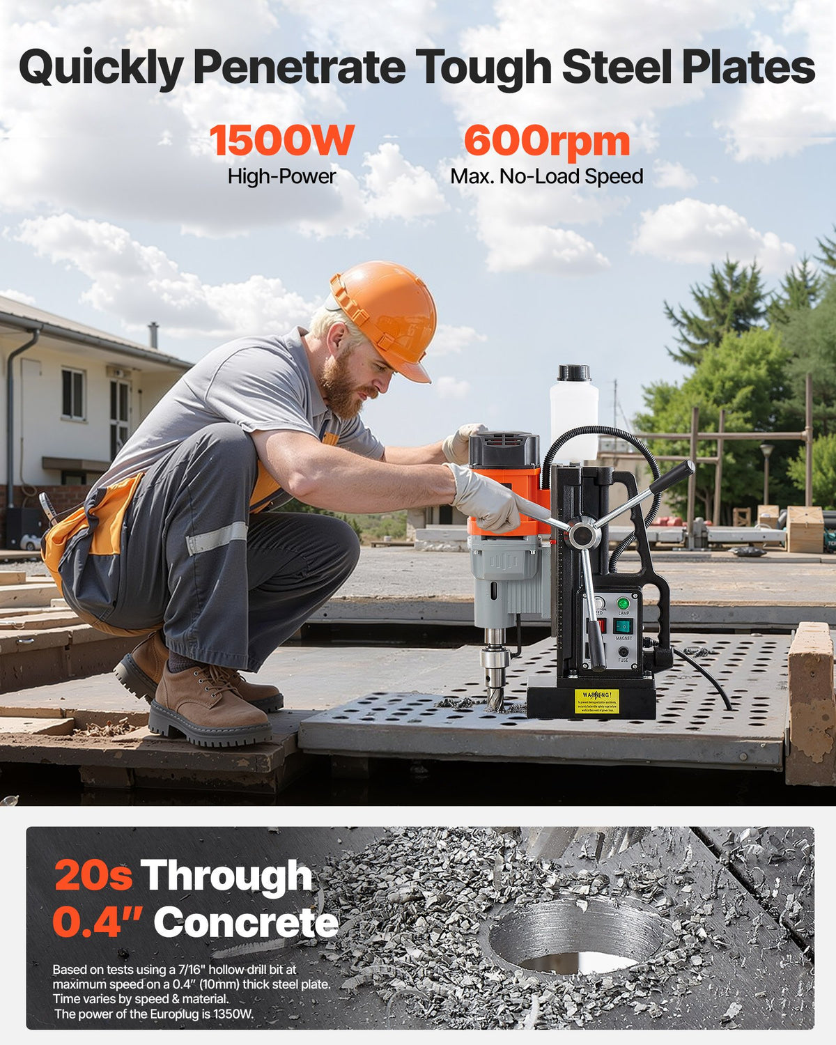 VEVOR Magnetic Drill Press, 1500 W, 60 mm Boring Diameter, 13000N Power Mag Drill Press, 0-600 RPM Adjustable Speed, Morse Taper, M3-M16 Tapping, for Metal Surface, Industrial and Home Improvement