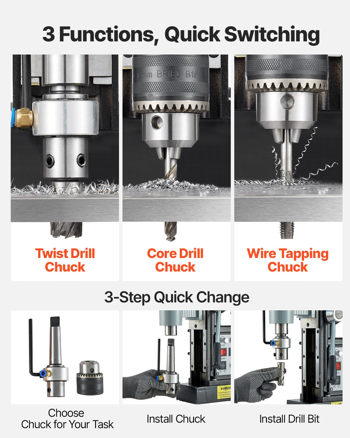 VEVOR Magnetic Drill Press, 1500 W, 60 mm Boring Diameter, 13000N Power Mag Drill Press, 0-600 RPM Adjustable Speed, Morse Taper, M3-M16 Tapping, for Metal Surface, Industrial and Home Improvement