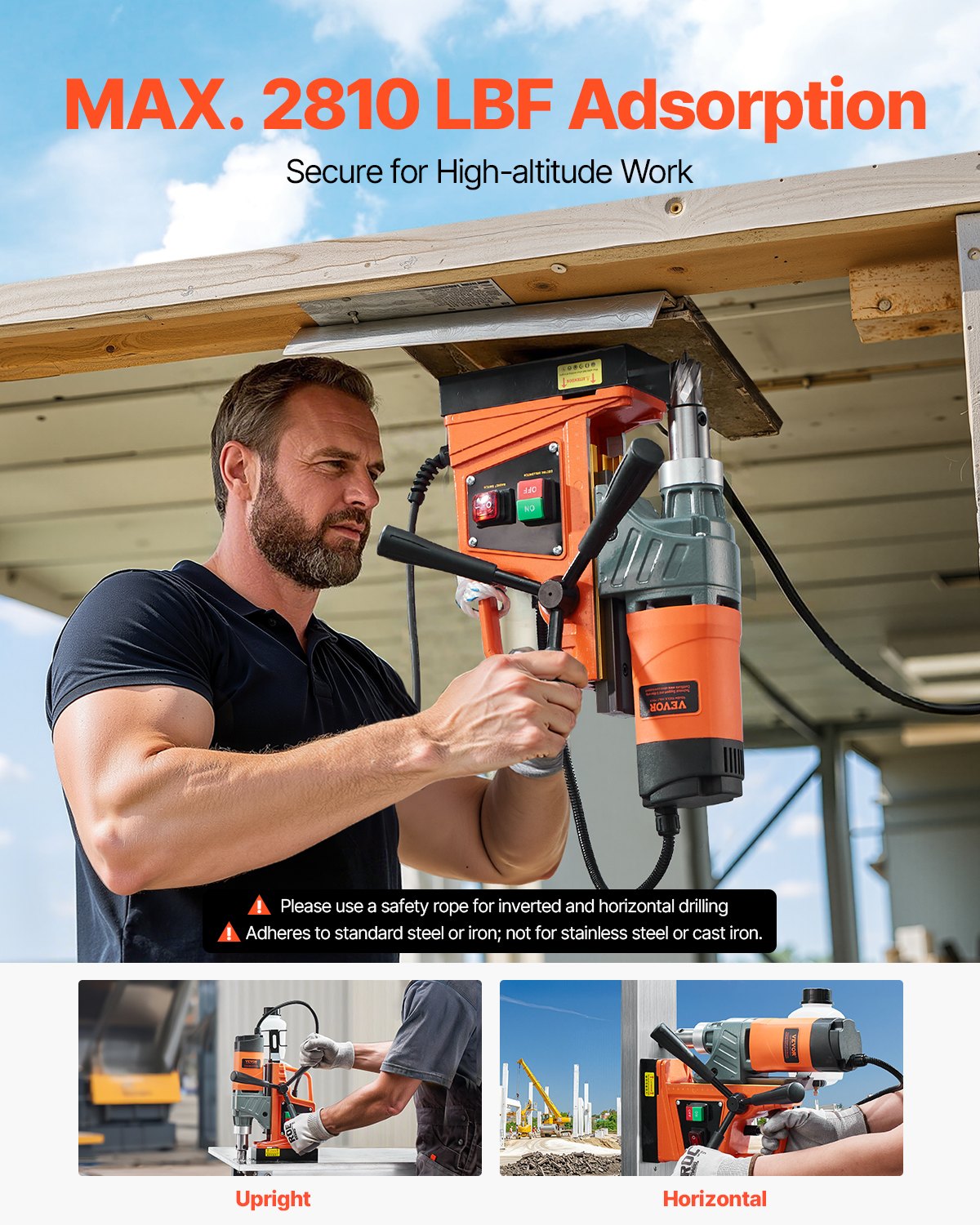 VEVOR Magnetic Drill, 1450W Motor 1.6 in Boring Diameter, 2810 lbf Portable Electric Mag Drill Press, with 11 Coring Bits, 850 RPM Speed, Drilling Machine for Metal Surface, Home Improvement Industry