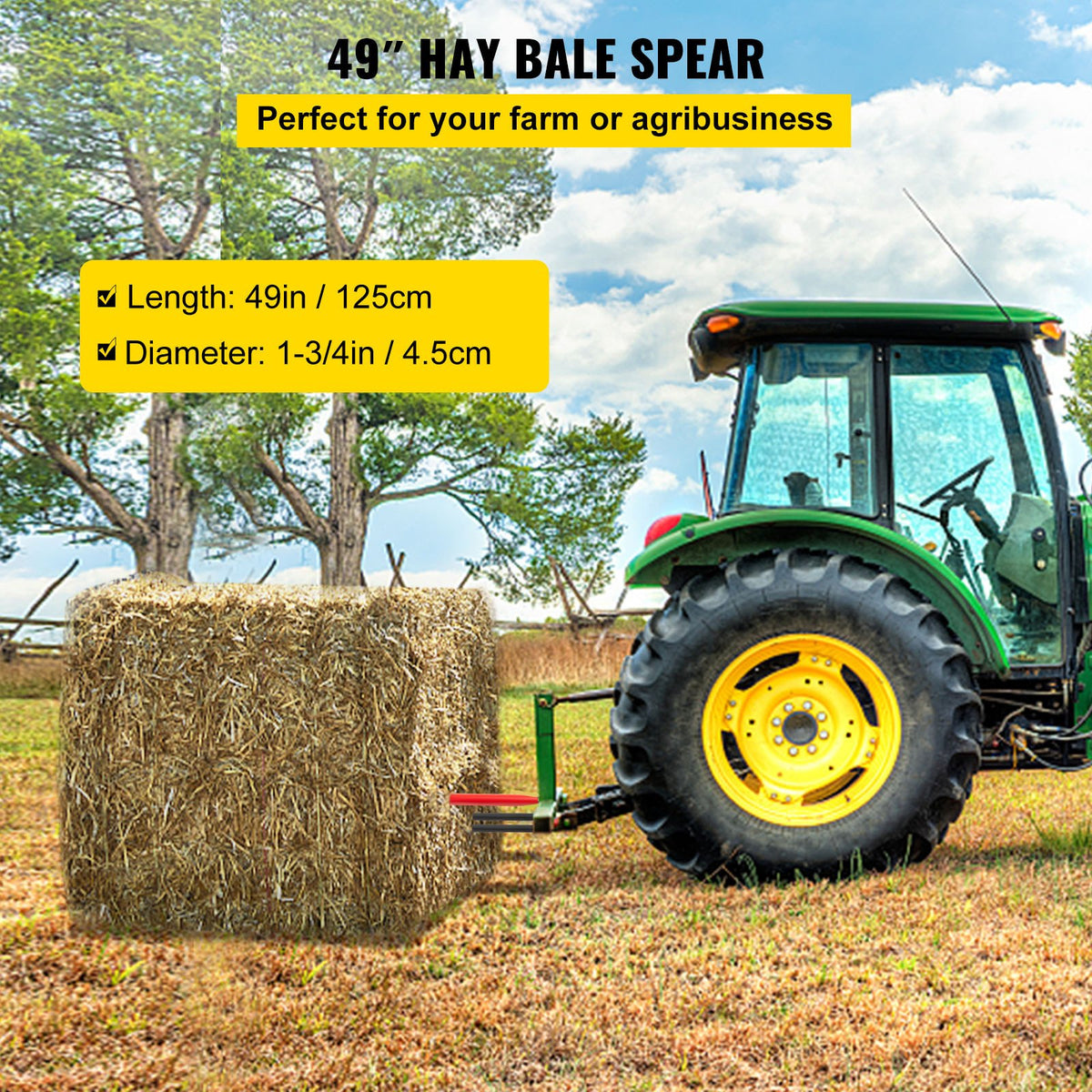 VEVOR Hay Spear 49\" Bale Spear 3000 lbs Capacity, Bale Spike Quick Attach Square Hay Bale Spears 1 3/4\" Wide, Red Coated Bale Forks, Bale Hay Spike with 2 Stabilizer Spears Conus 2