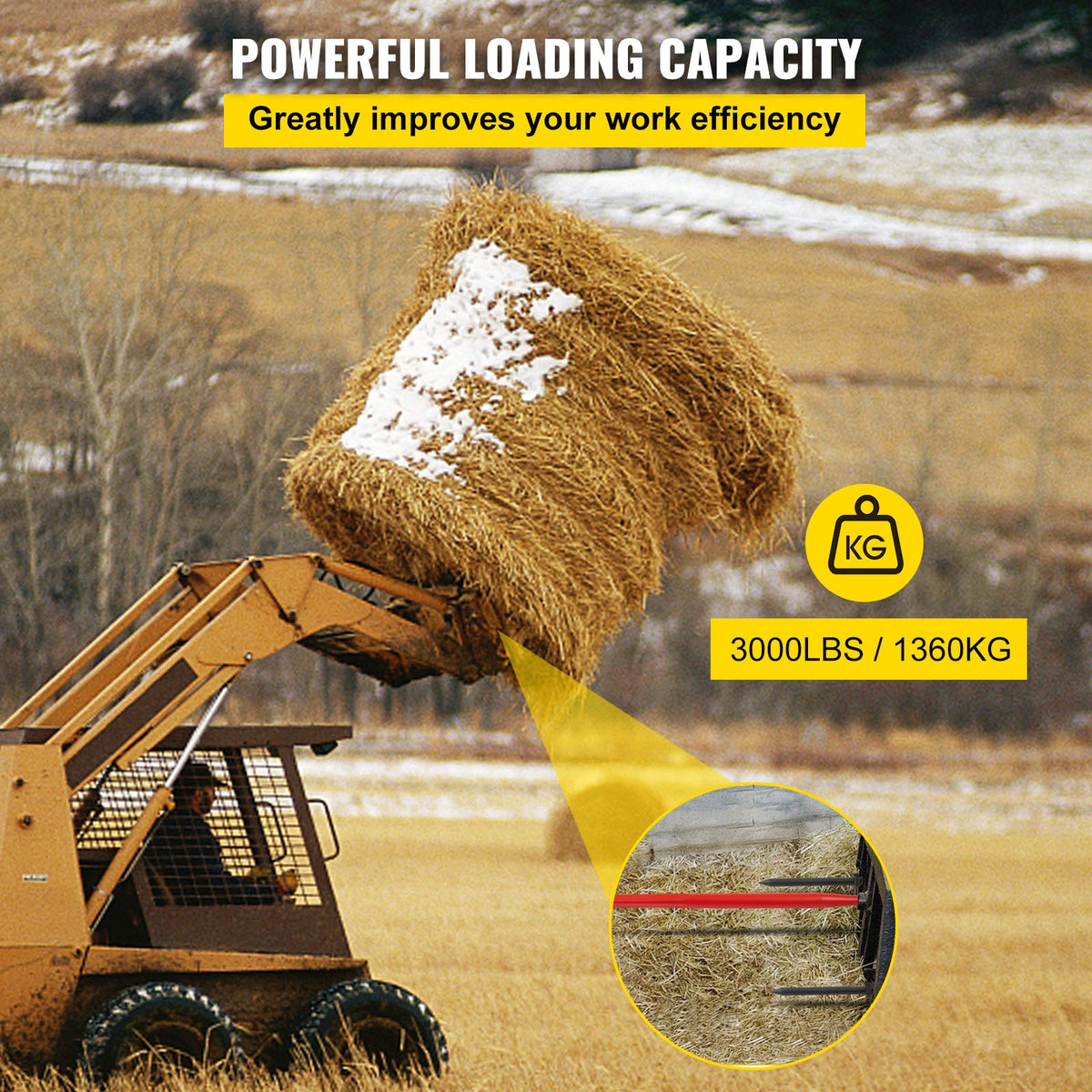 VEVOR Hay Spear 49\" Bale Spear 3000 lbs Capacity, Bale Spike Quick Attach Square Hay Bale Spears 1 3/4\" Wide, Red Coated Bale Forks, Bale Hay Spike with 2 Stabilizer Spears Conus 2