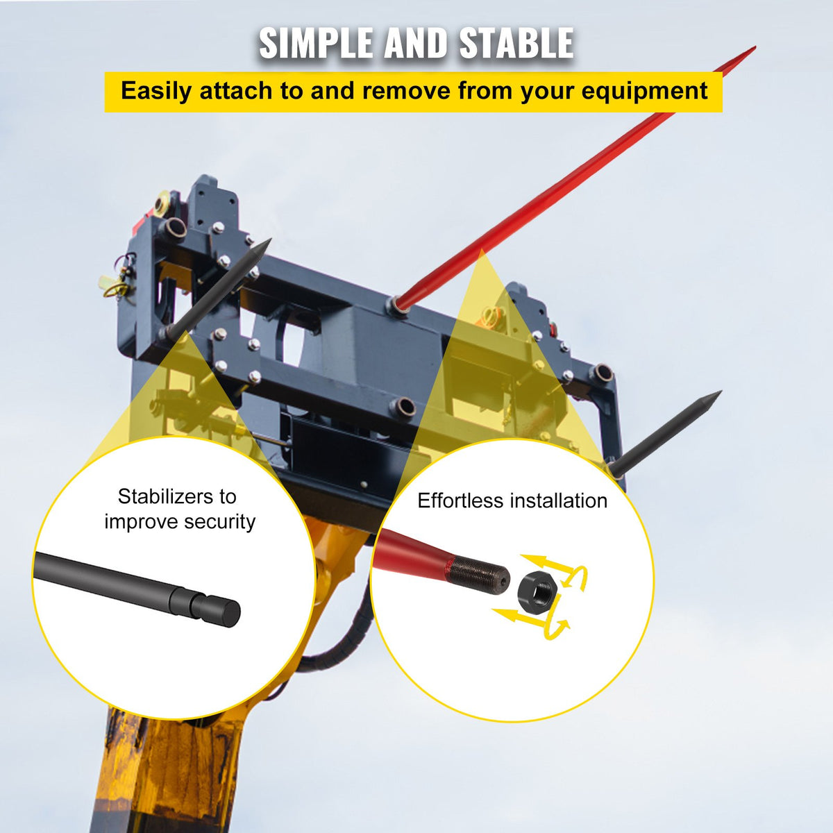 VEVOR Hay Spear 49\" Bale Spear 3000 lbs Capacity, Bale Spike Quick Attach Square Hay Bale Spears 1 3/4\" Wide, Red Coated Bale Forks, Bale Hay Spike with 2 Stabilizer Spears Conus 2