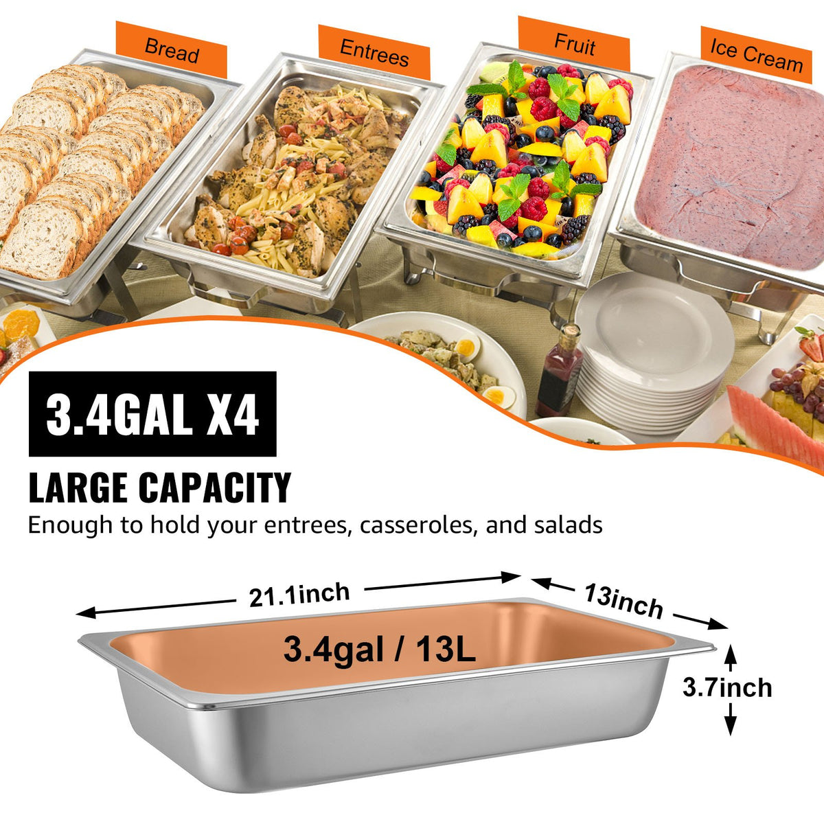 VEVOR 4 Pack Steam Table Pans 20.9 x 12.8 x 3.9 Inch Deep Steam Table Pan Full Size 13L Deep Food Container Stainless Steel Oven Tray Hotel Pans Anti-Jam Steam Table Food Pan