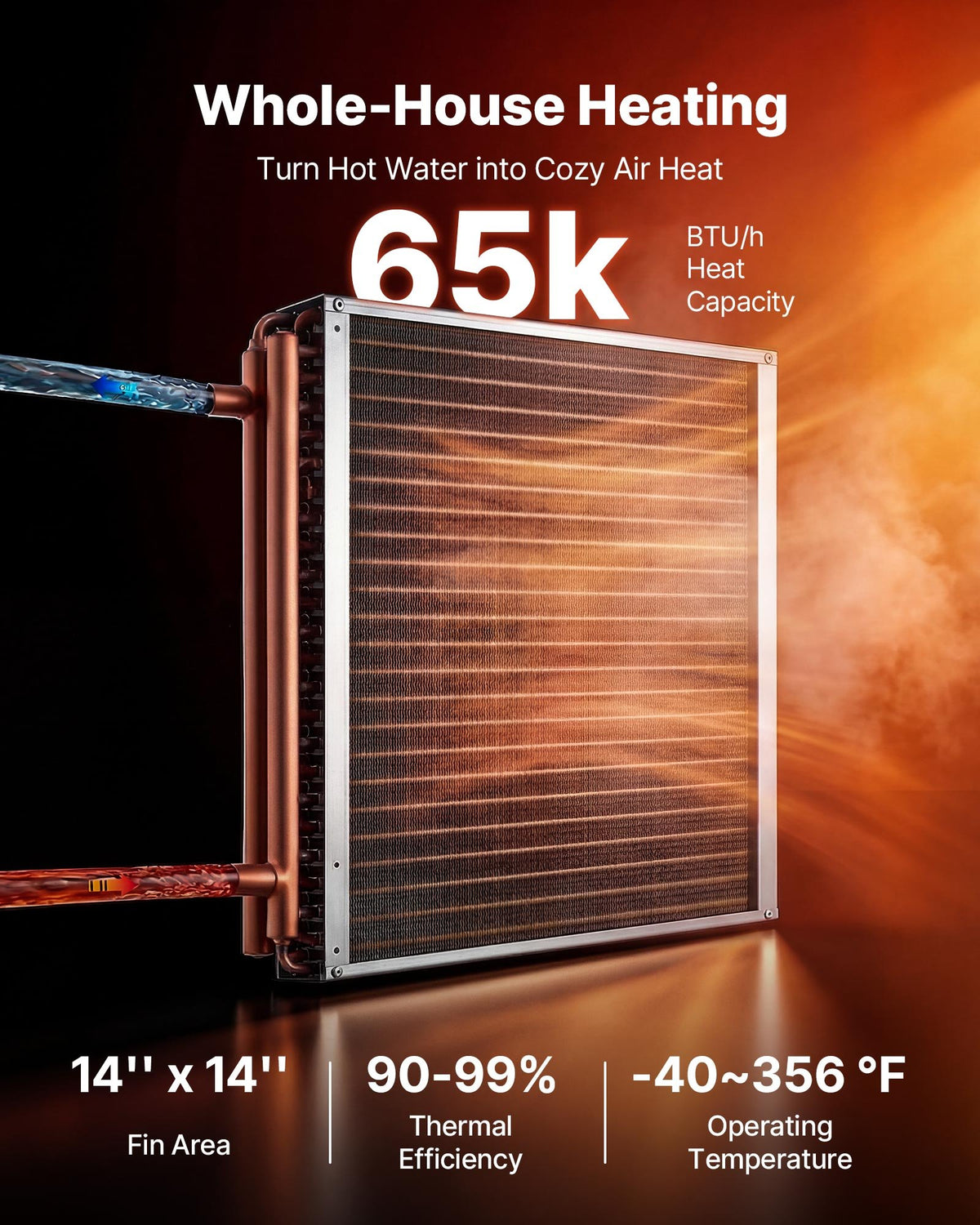 VEVOR Water to Air Heat Exchanger, 356 x 356 mm Finned Tube HVAC Heat Exchanger Coil with Copper Tubes & Aluminum Fins, 65K BTU Output for Outdoor Wood Furnace, Hydronic Heating & Cooling Systems