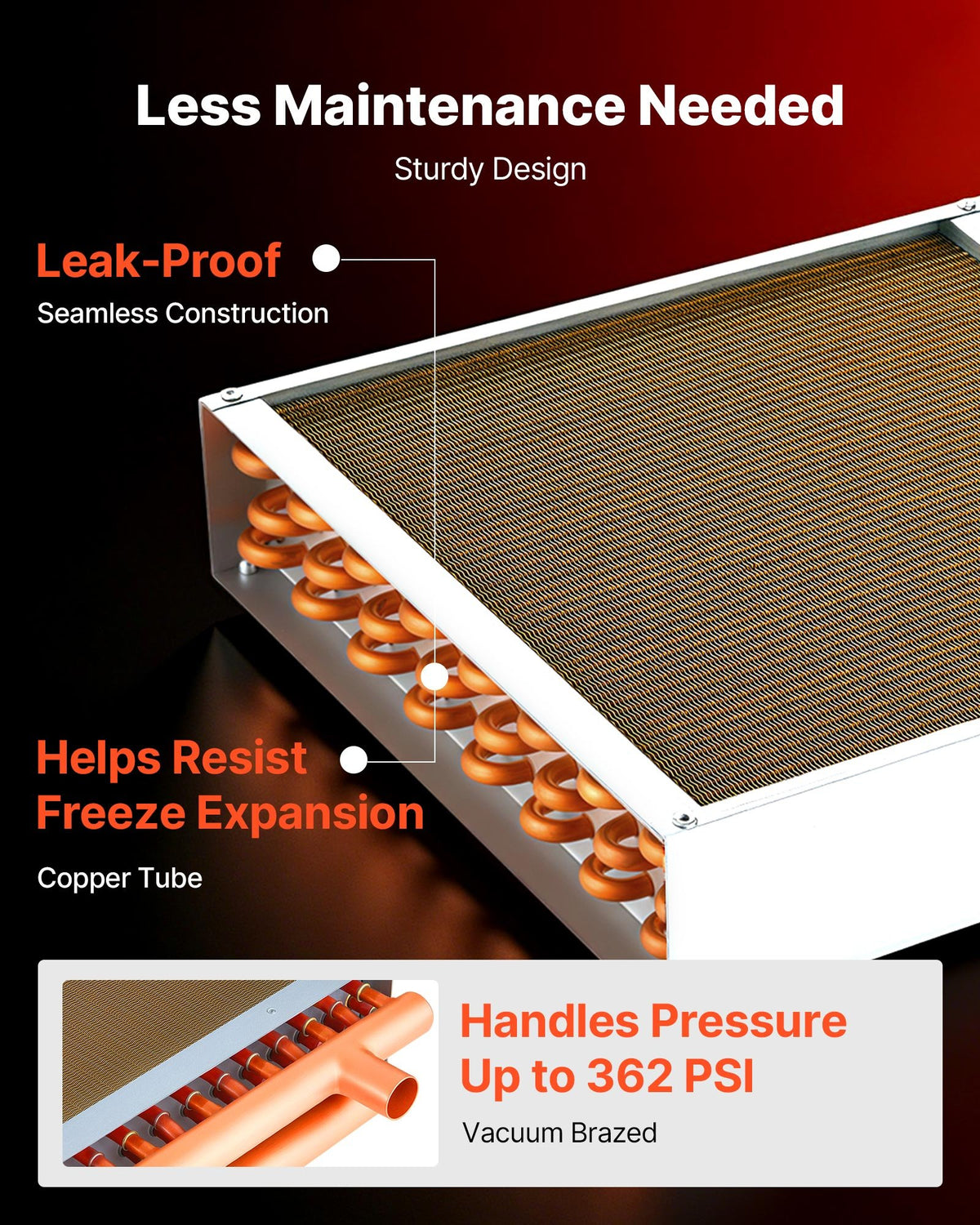 VEVOR Water to Air Heat Exchanger, 356 x 356 mm Finned Tube HVAC Heat Exchanger Coil with Copper Tubes & Aluminum Fins, 65K BTU Output for Outdoor Wood Furnace, Hydronic Heating & Cooling Systems
