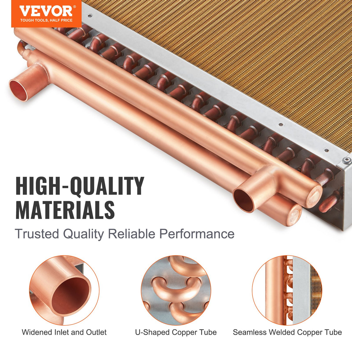 VEVOR 18"x 20"/45.7 x 50.8 cm Heat Exchanger Water to Air 3-Row 3/8"/ 1 cm Copper Ports 242 Fins
