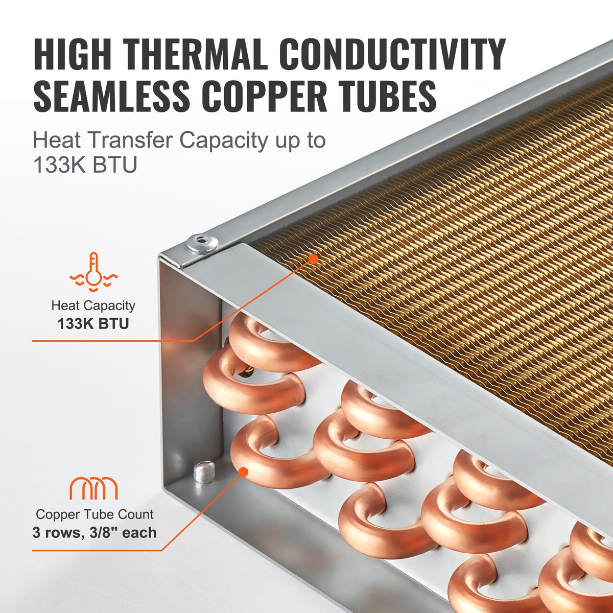 VEVOR 18"x 20"/45.7 x 50.8 cm Heat Exchanger Water to Air 3-Row 3/8"/ 1 cm Copper Ports 242 Fins