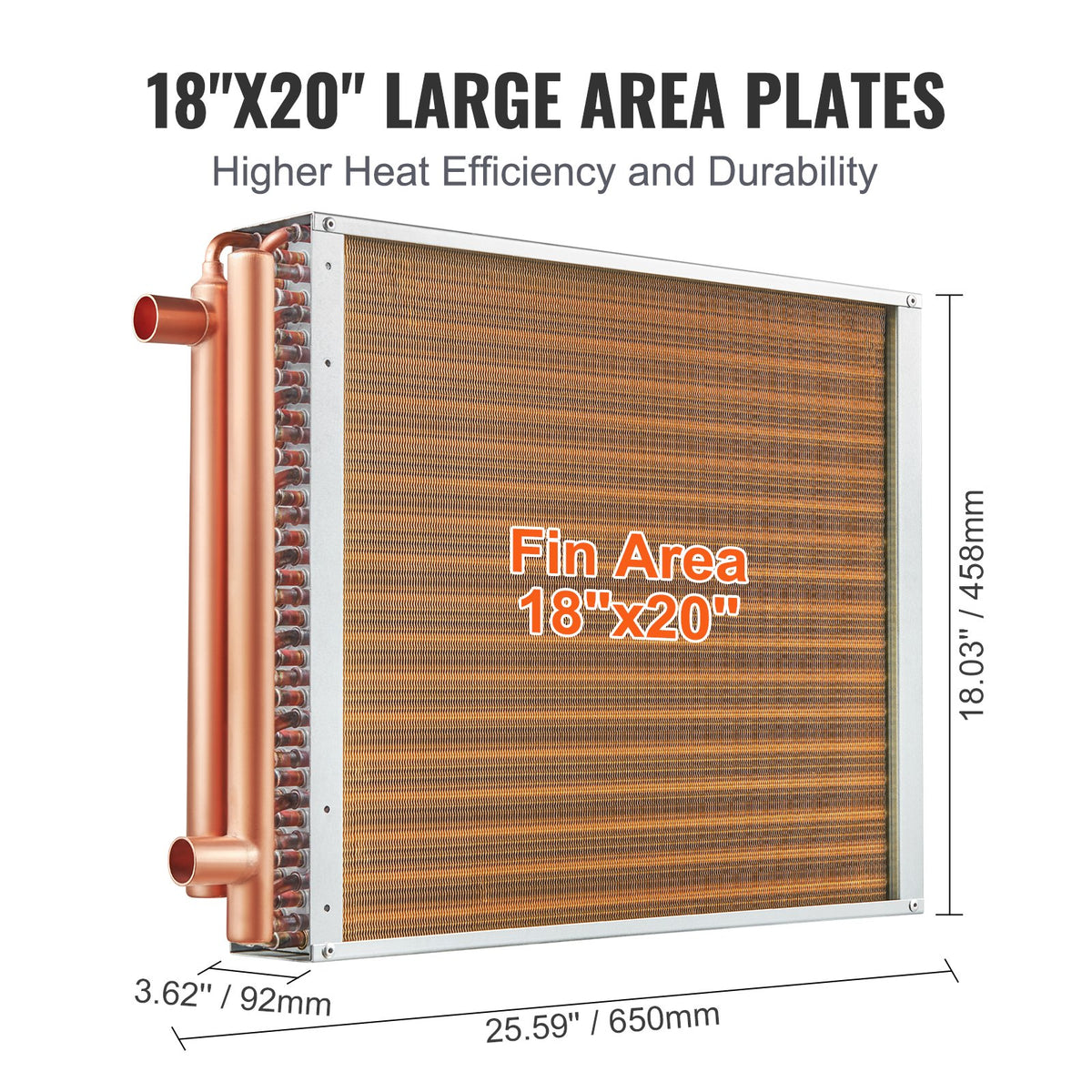 VEVOR 18"x 20"/45.7 x 50.8 cm Heat Exchanger Water to Air 3-Row 3/8"/ 1 cm Copper Ports 242 Fins