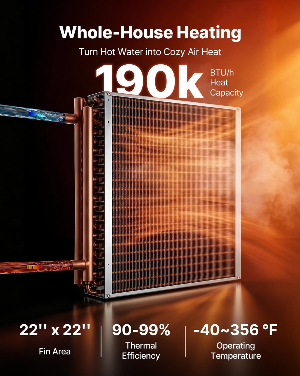 VEVOR Water to Air Heat Exchanger, 559 x 559 mm Finned Tube HVAC Heat Exchanger Coil with Copper Tubes & Aluminum Fins, 190K BTU Output for Outdoor Wood Furnace, Hydronic Heating & Cooling Systems