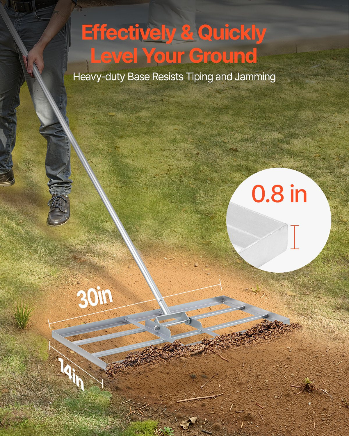 VEVOR Lawn Leveling Rake, Lawn Leveler with 83.9 in Handle, 48x10 in Ground Plate, Rust-Resistant Carbon Steel Soil Leveler, 2 Heights Adjustable, Effort Saving Lawn Leveling Tool for Yard Golf Court
