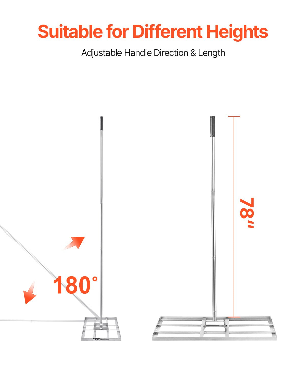 VEVOR Lawn Leveling Rake, Lawn Leveler with 83.9 in Handle, 48x10 in Ground Plate, Rust-Resistant Carbon Steel Soil Leveler, 2 Heights Adjustable, Effort Saving Lawn Leveling Tool for Yard Golf Court