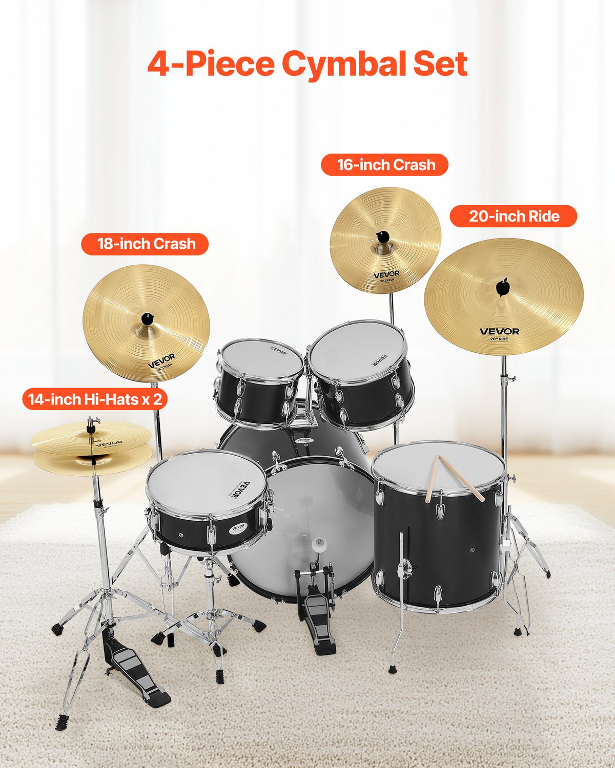 VEVOR Cymbal Pack 4 Pieces Cymbals Drum Set 14 16 18 20 Inches (355/400/455/505 mm) Cymbals for Drum