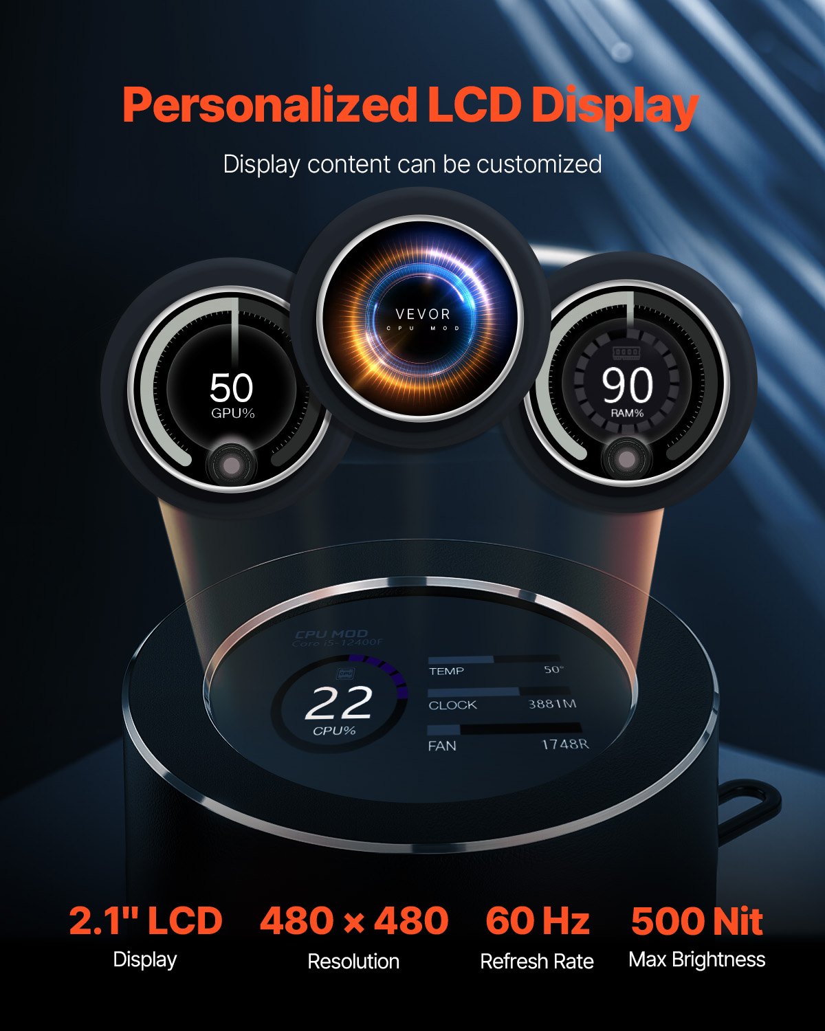 VEVOR CPU Liquid Cooler, AIO CPU Water Cooler - 3 x 120mm PWN Fans & Pump, Customizable Black PC Liquid Cooler with 2.1" LCD Display & ARGB light, for Intel 115X/1366/2011/1700/1200, AMD AM4/AM5