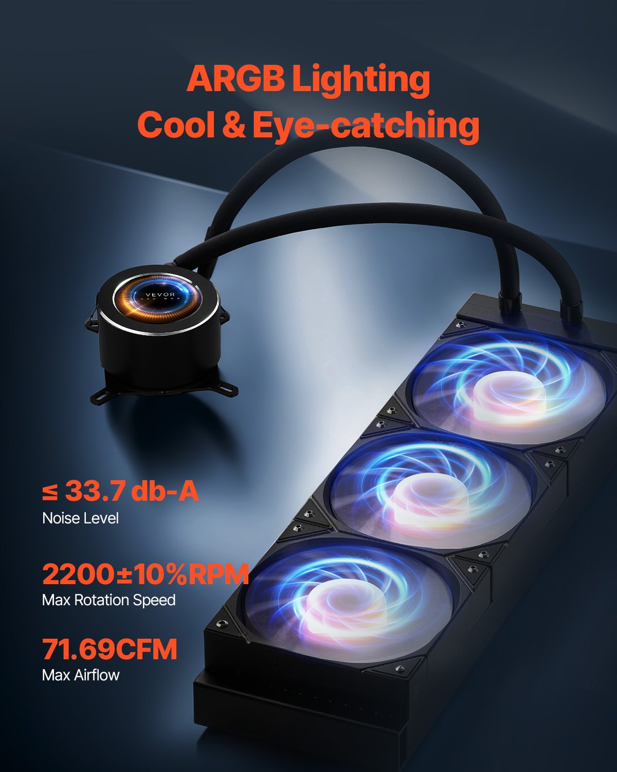 VEVOR CPU Liquid Cooler, AIO CPU Water Cooler - 3 x 120mm PWN Fans & Pump, Customizable Black PC Liquid Cooler with 2.1" LCD Display & ARGB light, for Intel 115X/1366/2011/1700/1200, AMD AM4/AM5