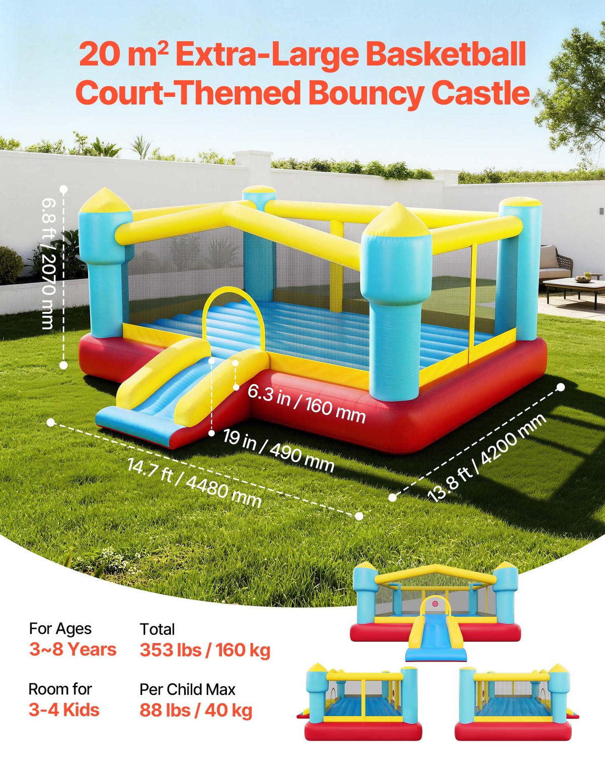 VEVOR Inflatable Bounce House, 14.7 x 13.8 x 6.8 ft Jumping Bouncy Castle, Inflatable Jumper for Kids with Slide, Basketball Hoop, Target Game & Jumping Area, Jumpings House Holds 3-4 Kids (Ages 3-8)