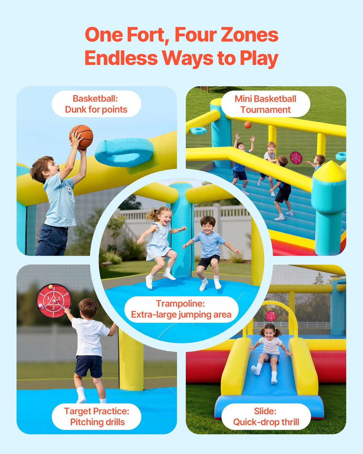 VEVOR Inflatable Bounce House, 14.7 x 13.8 x 6.8 ft Jumping Bouncy Castle, Inflatable Jumper for Kids with Slide, Basketball Hoop, Target Game & Jumping Area, Jumpings House Holds 3-4 Kids (Ages 3-8)