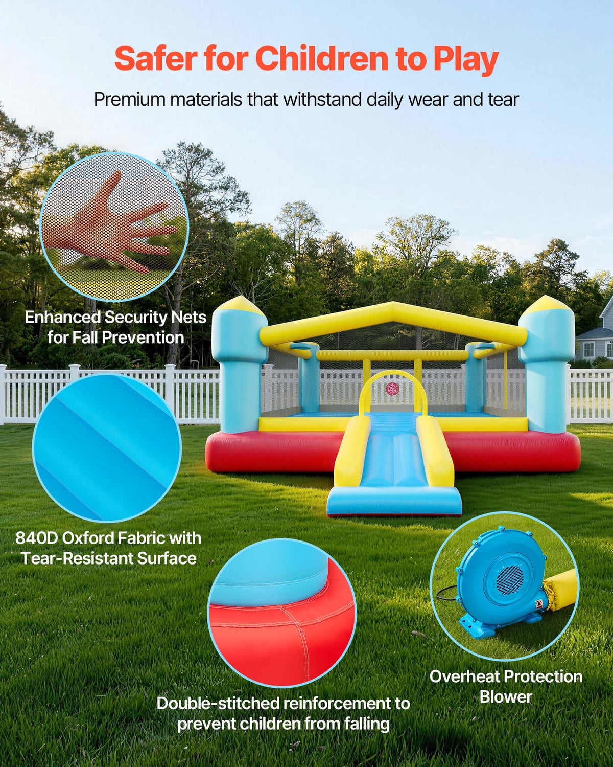 VEVOR Inflatable Bounce House, 14.7 x 13.8 x 6.8 ft Jumping Bouncy Castle, Inflatable Jumper for Kids with Slide, Basketball Hoop, Target Game & Jumping Area, Jumpings House Holds 3-4 Kids (Ages 3-8)