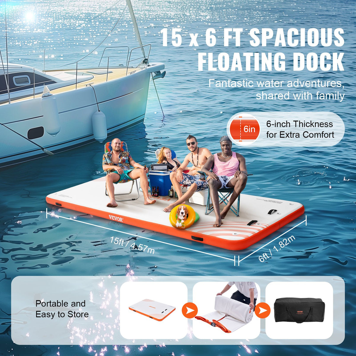 VEVOR Inflatable Floating Dock, 15 x 6FT Inflatable Dock Platform, Non-Slip Water Floating Dock Mat with Portable Carrying Bag & Detachable Ladder, Floating Platform Island Raft for Pool Beach Ocean