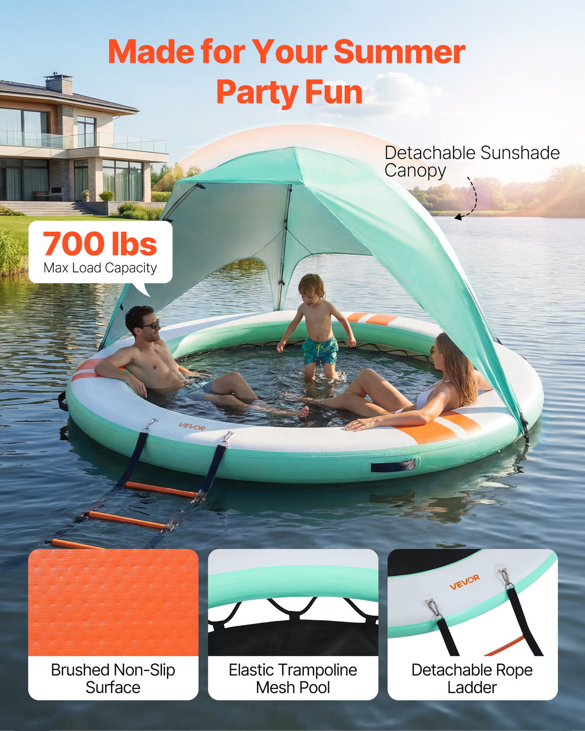 VEVOR Inflatable Floating Dock, 2.44M Round Inflatable Dock Platform, Non-Slip Water Floating Dock Mat with Portable Carrying Bag & Detachable Ladder, Float Platform Island Raft for Pool Beach Ocean