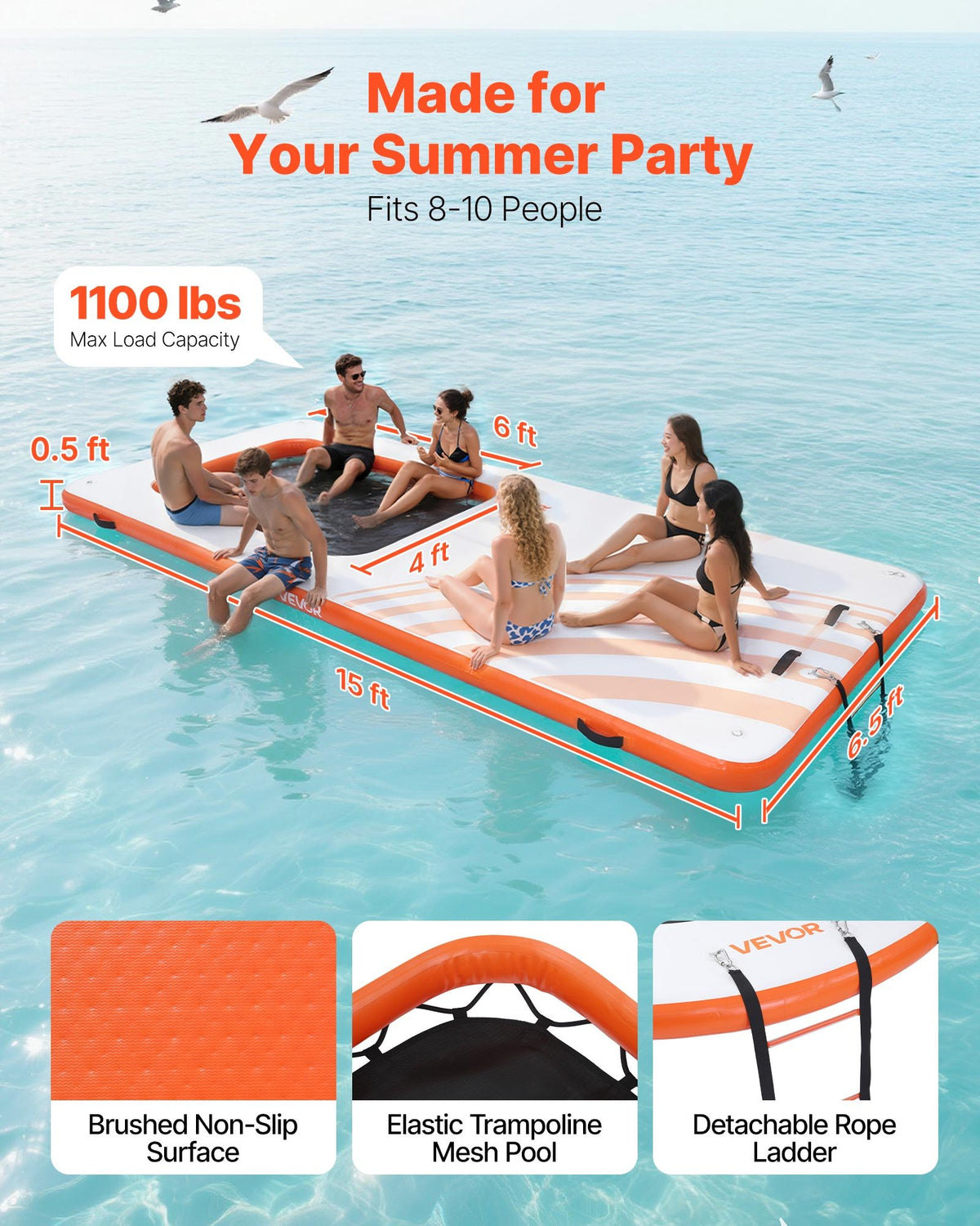 VEVOR Inflatable Floating Dock, 4.57 x 1.98 M Inflatable Dock Platform, Non-Slip Water Air Mat with Portable Carrying Bag & Detachable Ladder, Floating Water Platform Island Raft for Pool Beach Ocean