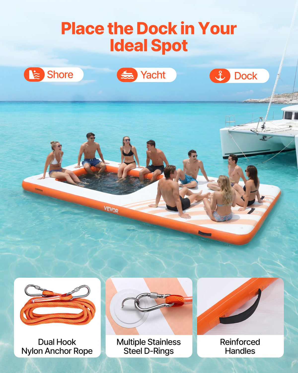 VEVOR Inflatable Floating Dock, 4.57 x 1.98 M Inflatable Dock Platform, Non-Slip Water Air Mat with Portable Carrying Bag & Detachable Ladder, Floating Water Platform Island Raft for Pool Beach Ocean