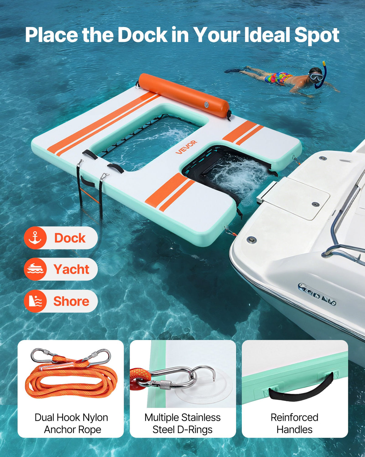 VEVOR Inflatable Floating Dock, 2.44 x 1.83 M Inflatable Dock Platform, Non-Slip Water Air Mat with Portable Carrying Bag & Detachable Ladder, Floating Water Platform Island Raft for Pool Beach Ocean