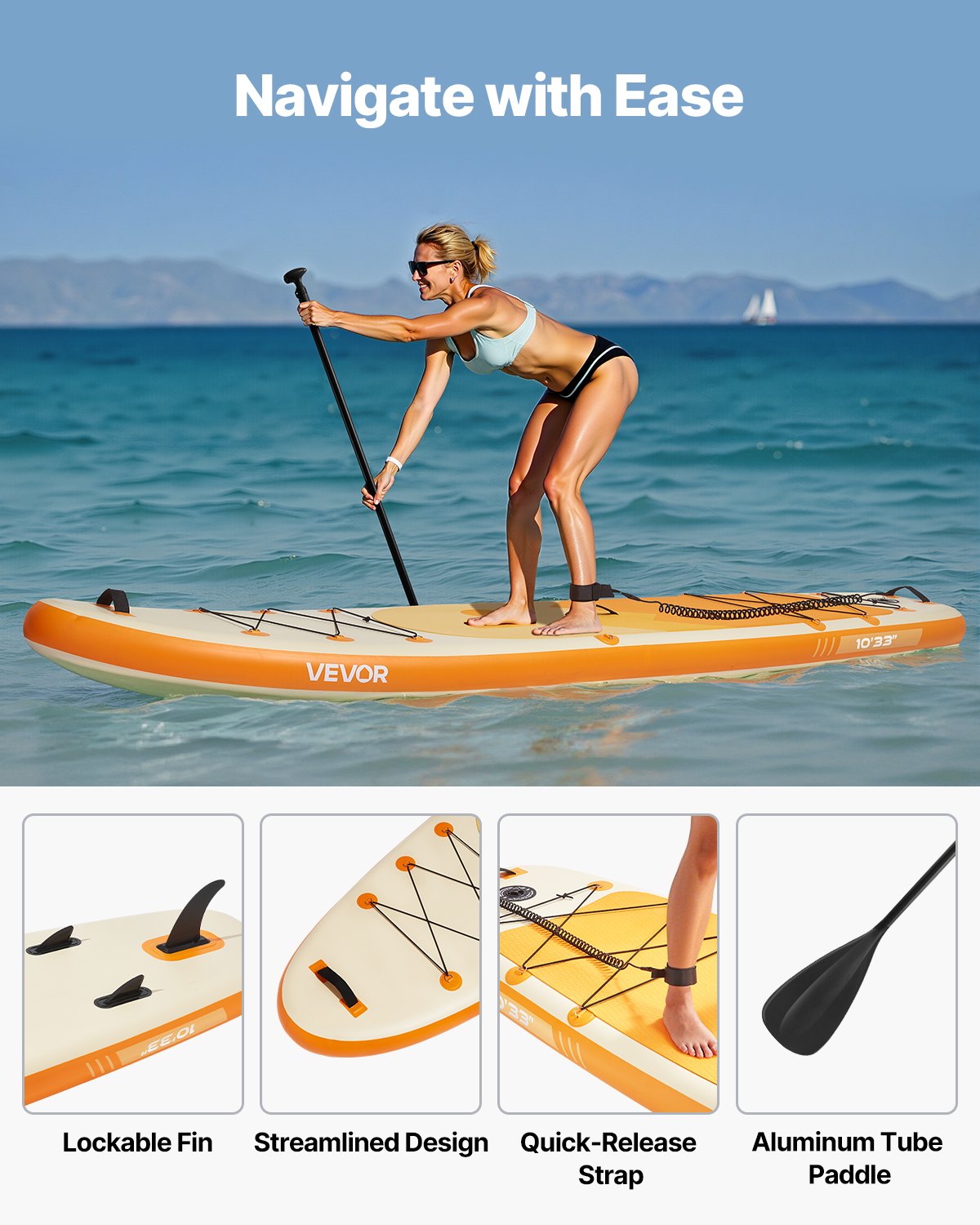 VEVOR Inflatable Stand Up Paddle Board, 3.05m x 84cm x 15cm Wide Ultra-Light SUP Paddleboard, All Accessories Included, Pump, Paddle, Fin, Backpack, Ankle Leash, Strap, Non-slip Deck for Youth, Adults